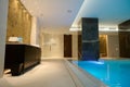 Luxury interior of the spa and wellness center with the thermal pool with underwater lighting and a waterfall
