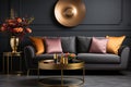 Luxury Modern Living: Dark Hues, Gold Accents, and Artistic Depth