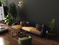 Luxury modern living room interior, dark green brown wall, modern sofa with armchair and plants