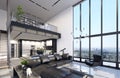 Luxury modern penthouse interior with panoramic windows Royalty Free Stock Photo