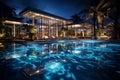 Luxury Modern Resort Hotel with Swimming Pool to Holiday Accommodation at Night Royalty Free Stock Photo