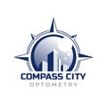 Compass city optometry logo, creative vector towers integrated in eyeball scene