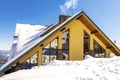 Luxury modern vip hotel,house,mansion covered in snow in winter mountains,nature. Calm countryside. Home residence,real