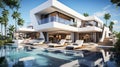 Luxury modern white home with a swimming pool, angular walls and landscaped garden with palm trees Royalty Free Stock Photo