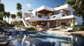 Luxury modern white home with a swimming pool, angular walls and landscaped garden with palm trees