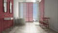 Luxury modern white and red bathroom with herringbone parquet floor, panoramic window, sea panorama, bathtub, shower and double Royalty Free Stock Photo