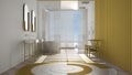 Luxury modern white and yellow bathroom with herringbone parquet, panoramic window, sea panorama, bathtub, shower and double sink