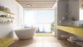 Luxury modern white and yellow bathroom with parquet floor and wooden celiling, big panoramic window on sea panorama, bathtub,
