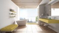 Luxury modern white and yellow bathroom with parquet floor and wooden celiling, big panoramic window on sea panorama, bathtub,