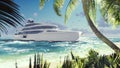 Luxury modern yacht in the sea at sunset. A modern yacht moored near a deserted tropical island. 3D Rendering