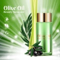 Luxury Moisturizing Bottles With Cosmetic Golden Caps and Black Olive Branch on Shining Green Background. Template