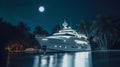 Luxury motor yacht at night, expensive rich sea boat near tropical shore, generative AI Royalty Free Stock Photo