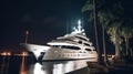 Luxury motor yacht at night, expensive sea boat moored at tropical shore, generative AI