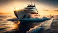Luxury motor yacht on the ocean. Yachting on open sea at golden sunset. generative ai Royalty Free Stock Photo