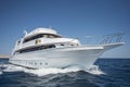 Luxury motor yacht sailing out on tropcial sea Royalty Free Stock Photo