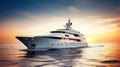 Luxury motor yacht sailing in sea at sunset, expensive rich boat, generative AI