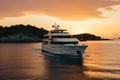 Luxury motor yacht sailing at sunset, expensive boat near tropical coast, generative AI Royalty Free Stock Photo