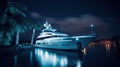 Luxury motor yacht in sea bay at night, expensive boat near tropical shore, generative AI Royalty Free Stock Photo