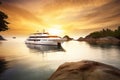 Luxury motor yacht in sea bay at sunset, expensive boat near tropical shore, generative AI Royalty Free Stock Photo