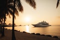 Luxury motor yacht in sea bay at sunset, expensive boat near tropical shore, generative AI Royalty Free Stock Photo
