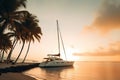 Luxury motor yacht in sea bay at sunset, expensive rich boat in ocean, generative AI Royalty Free Stock Photo