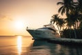 Luxury motor yacht in sea bay at sunset, expensive rich boat in ocean, generative AI Royalty Free Stock Photo