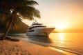 Luxury motor yacht in sea bay at sunset, expensive rich boat in ocean, generative AI Royalty Free Stock Photo