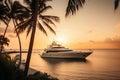 Luxury motor yacht in sea bay at sunset, expensive rich boat in ocean, generative AI Royalty Free Stock Photo