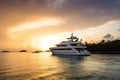 Luxury motor yacht in sea bay at sunset, expensive rich boat in ocean, generative AI Royalty Free Stock Photo