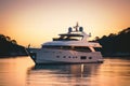 Luxury motor yacht in sea bay at sunset, expensive rich boat in ocean, generative AI Royalty Free Stock Photo