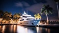 Luxury motor yacht in sea harbor at night, expensive boat near tropical shore, generative AI