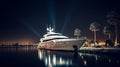 Luxury motor yacht in sea at night, expensive boat moored in harbor, generative AI