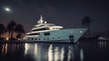 Luxury motor yacht in sea at night, expensive boat moored in harbor, generative AI Royalty Free Stock Photo