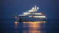 Luxury motor yacht in sea at night, expensive rich boat with lighting, generative AI Royalty Free Stock Photo