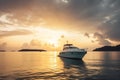 Luxury motor yacht in sea at sunset, expensive boat near ocean coast, generative AI Royalty Free Stock Photo