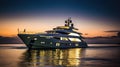 Luxury motor yacht in sea after sunset, expensive boat in ocean, generative AI Royalty Free Stock Photo