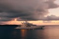 Luxury motor yacht in sea after sunset, expensive boat in ocean, generative AI Royalty Free Stock Photo