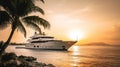 Luxury motor yacht in sea at sunset, expensive rich boat near tropical shore, generative AI Royalty Free Stock Photo