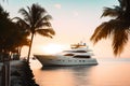 Luxury motor yacht in sea at sunset, expensive rich boat near tropical shore, generative AI. Royalty Free Stock Photo
