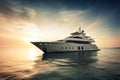 Luxury motor yacht in sea at sunset, expensive rich boat in ocean, generative AI Royalty Free Stock Photo
