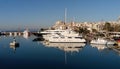 Luxury motorboats and yachts at the dock.Panoramic view of Marina Zeas, Piraeus, Greece Royalty Free Stock Photo