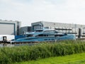 Luxury motoryacht PHI lies in the water at the Royal Huisman wharf in Vollenhove, Netherlands