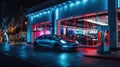 Luxury new car parked at dealership at night, modern shiny electric vehicles for sale in showroom. Concept of window, street, shop Royalty Free Stock Photo