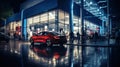 Luxury new car parked at dealership at night, modern shiny vehicles view through store window on city street. Urban reflections Royalty Free Stock Photo