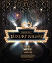 Luxury night party invitation card with retro frame, gold serpentine and crown.