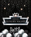 Luxury night party invitation card with retro frame, silver serpentine, air balloons and crown.