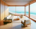 Luxury Oceanfront Property Vintage Retro Mid-Century Modern Home House interior Living Room Scenic Ocean AI Generated Royalty Free Stock Photo
