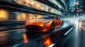 luxury orange sports car drives fast on road at night in city Royalty Free Stock Photo
