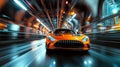 luxury orange sports car drives fast on road at night in the city. Motion blur Royalty Free Stock Photo