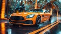 luxury orange sports car drives fast on road at resort with palm trees. Motion blur Royalty Free Stock Photo